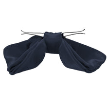 Load image into Gallery viewer, The side view of a dark navy blue clip-on bow tie, opened