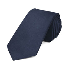 Load image into Gallery viewer, A rolled navy blue narrow necktie