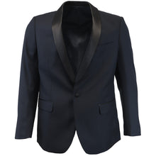 Load image into Gallery viewer, The front of a navy blue dinner jacket with a satin collar