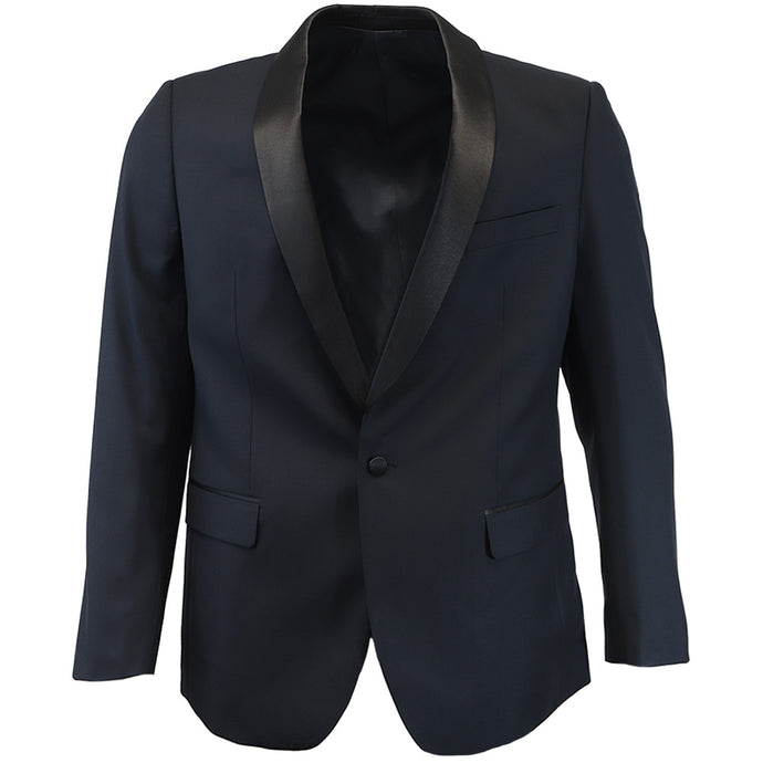The front of a navy blue dinner jacket with a satin collar