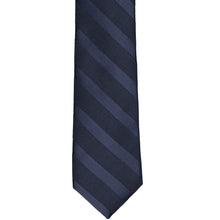 Load image into Gallery viewer, The front of a navy blue striped slim tie, laid out flat