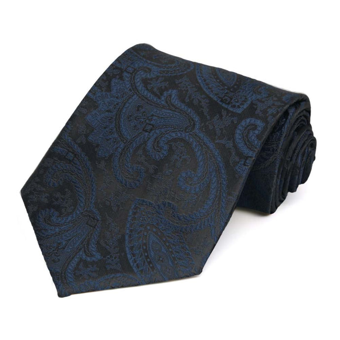 Navy blue paisley extra long necktie, rolled to show pattern