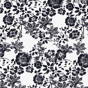 Closeup view of navy blue and white floral fabric