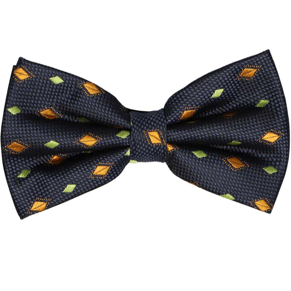 Dark blue bow tie with small orange and green diamond shapes, close up front view