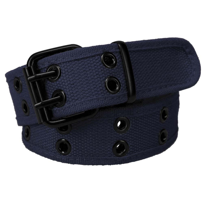 Coiled navy blue double grommet belt with black hardware
