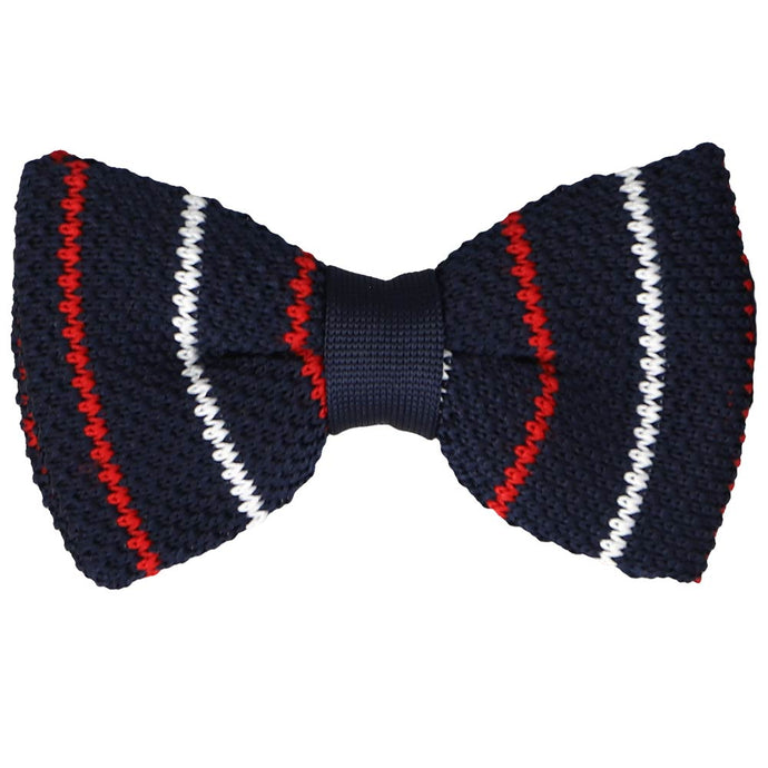 Navy blue, red and white knit bow tie