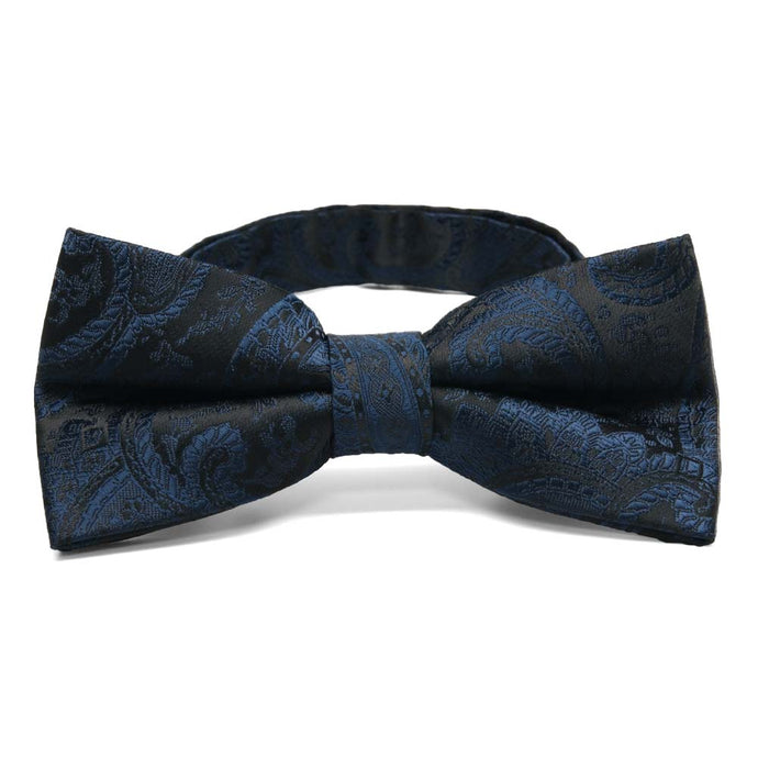 Navy blue paisley bow tie, close up front view