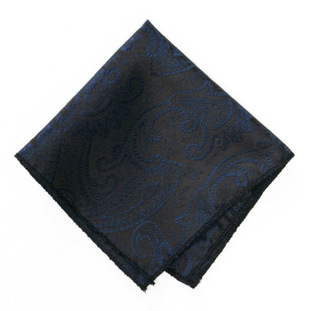 Navy blue paisley pocket square, flat front view