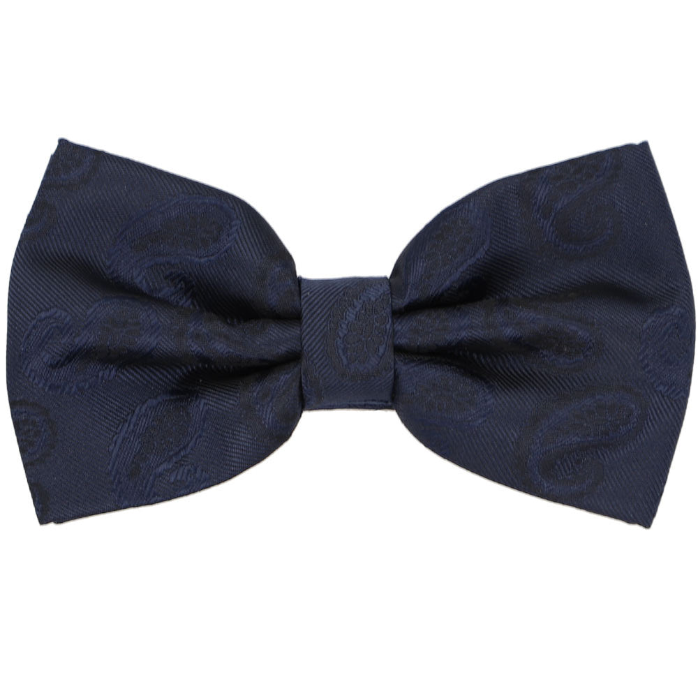 Navy blue pre-tied bow tie with a woven paisley pattern, front view