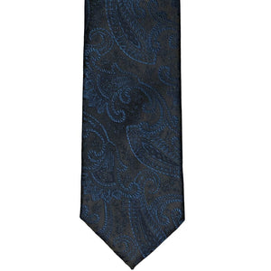 Front view of a navy blue paisley tie