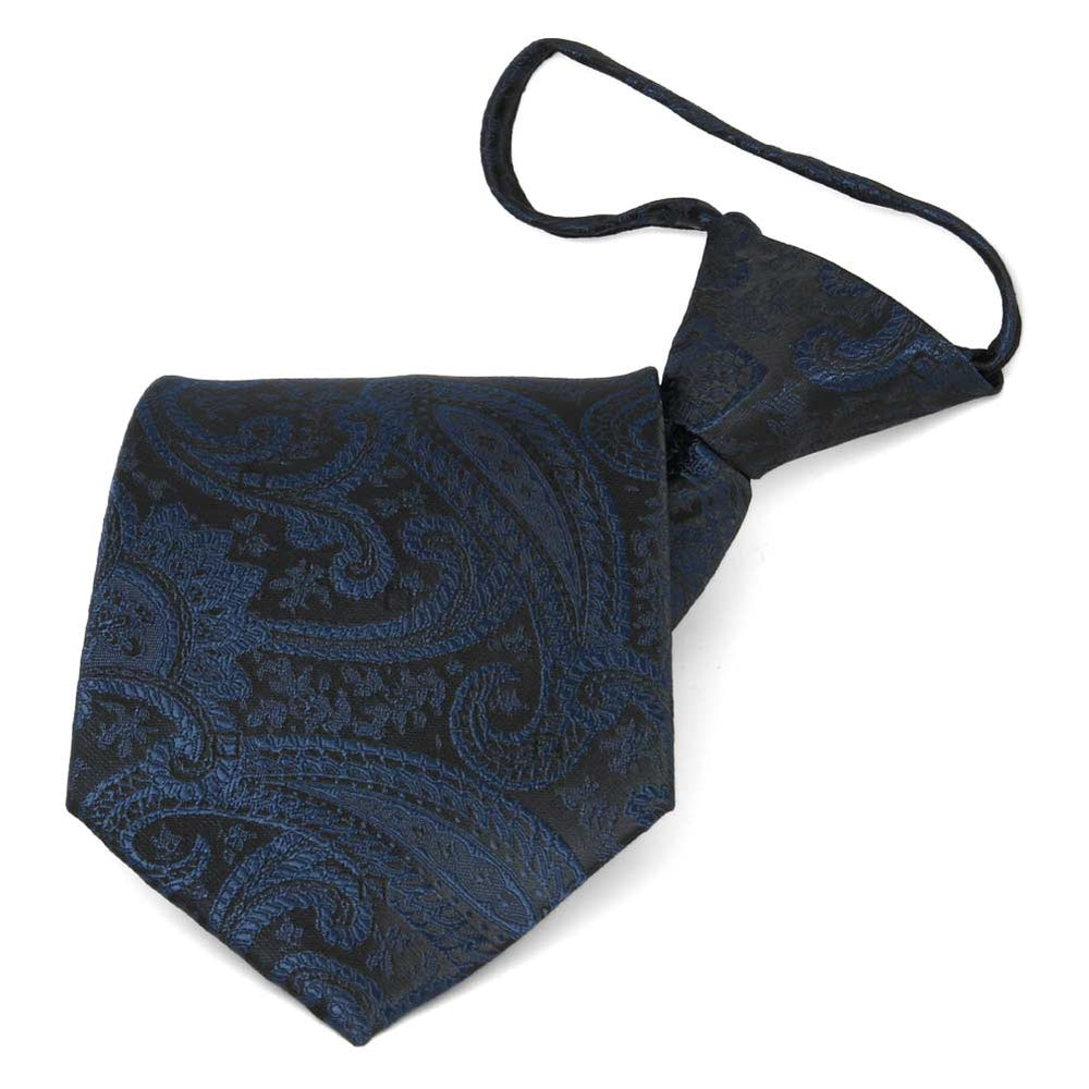 Navy blue paisley zipper tie, folded front view