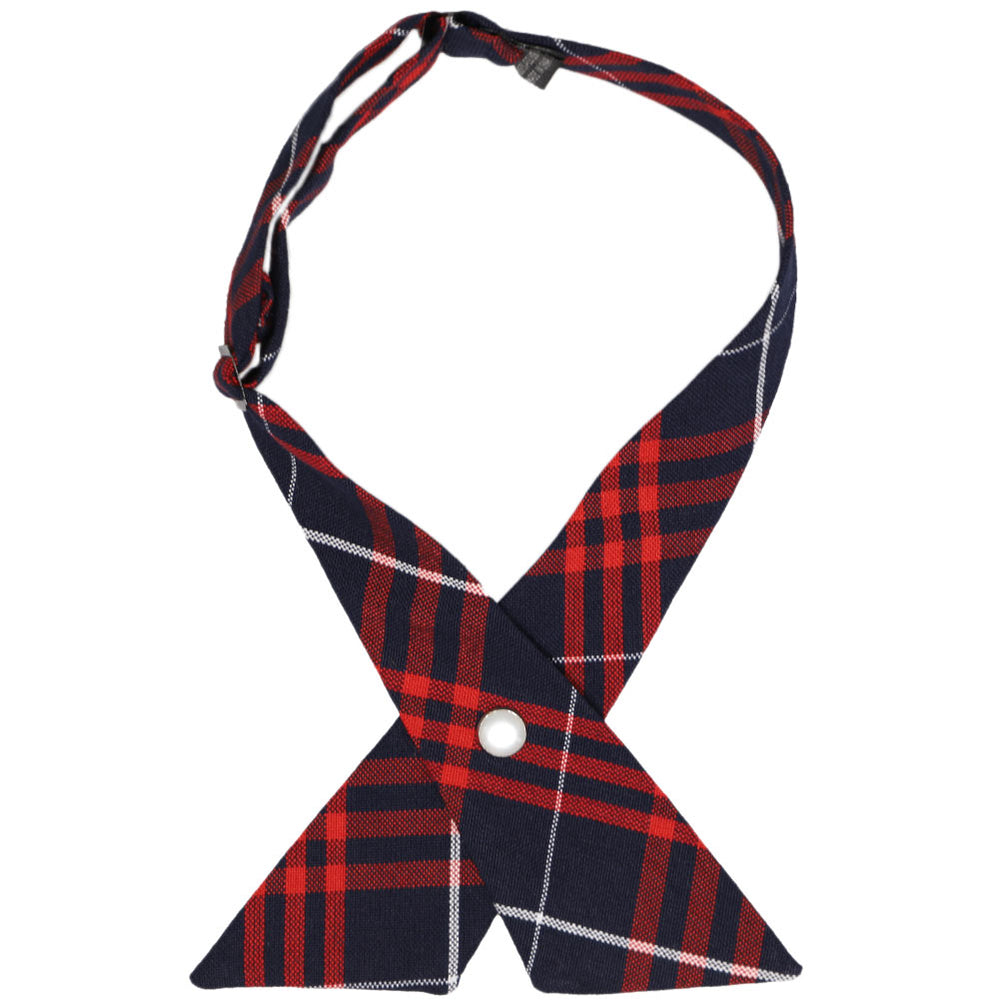 Red and navy blue plaid crossover tie