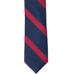 A navy blue tie with red ribbed stripes