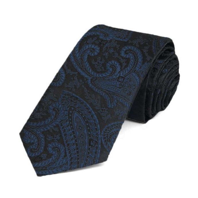 Navy blue paisley slim necktie, rolled view