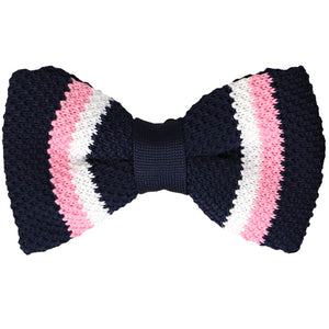Navy blue knit bow tie with pink and white vertical stripes