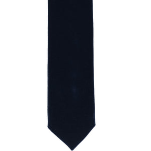 The front bottom view of a navy blue velvet tie