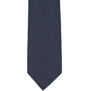 The front of a solid navy blue cotton tie
