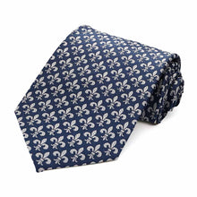 Load image into Gallery viewer, Navy blue and gray fleur de lis necktie, rolled to show woven texture