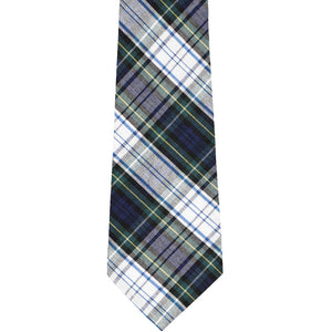 Front of a navy blue, hunter green and white plaid tie