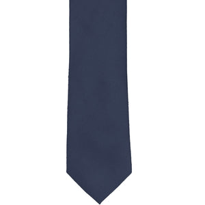 The front of a navy slim tie in a matte finish