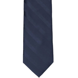 The front of a navy blue tone on tone striped tie, lying flat