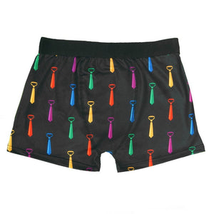 Black boxer briefs with a colorful repeated ties pattern