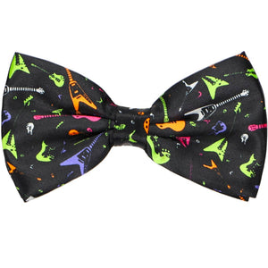 A black pre-tied bow tie with a neon guitar pattern