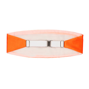 The back of a neon orange cummerbund, including the white elastic strap
