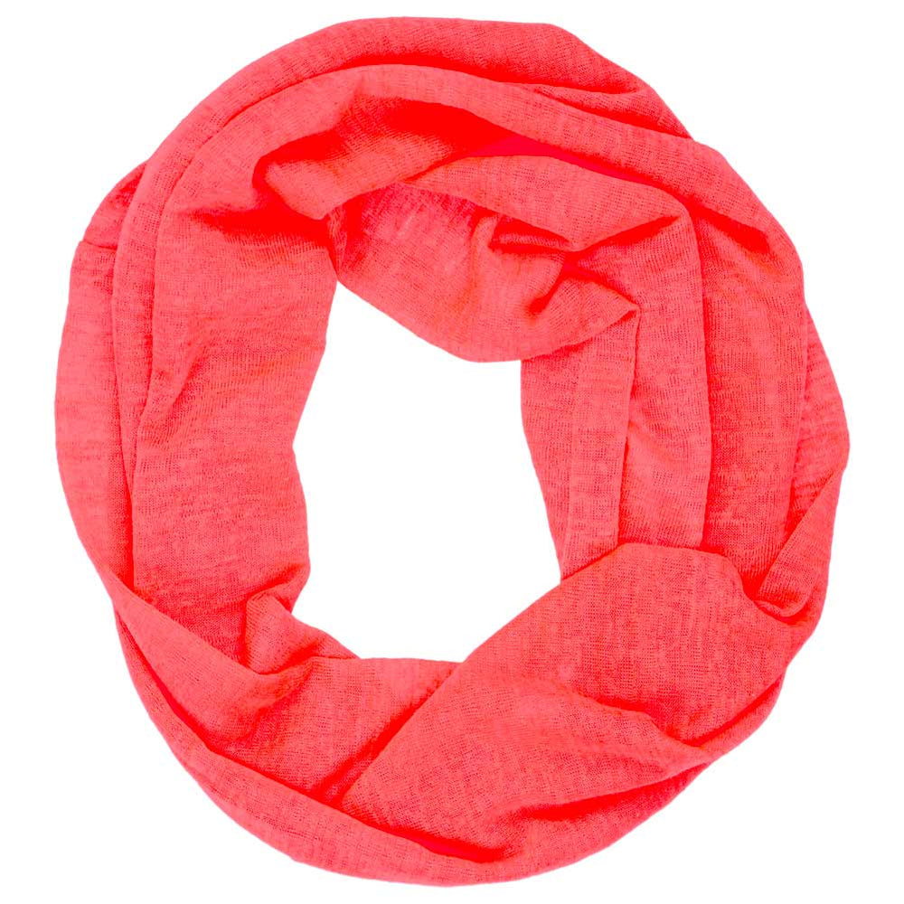 A neon pink infinity scarf in a loop