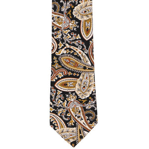The front of a neutral paisley tie, laid out flat