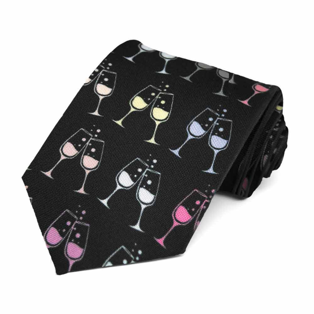 A black extra long tie with a colorful champagne flute design