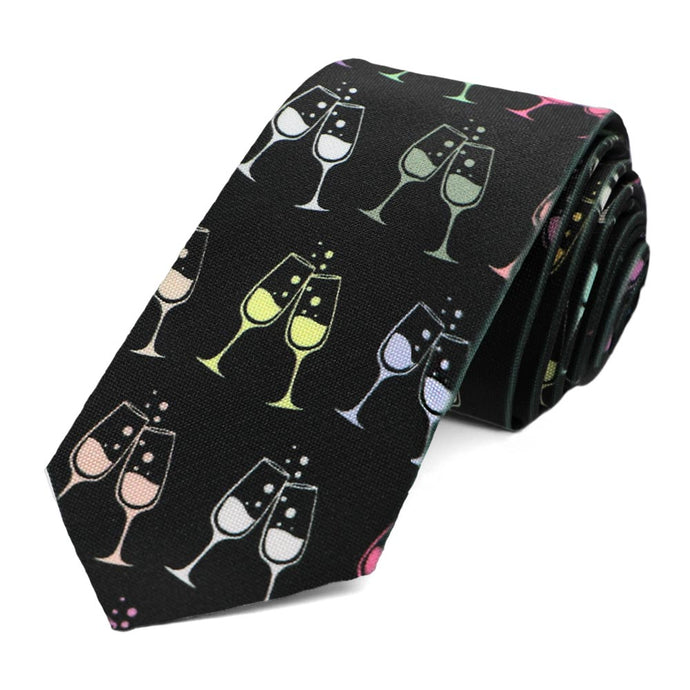 A slim tie in black with a colorful and bubbly champagne flute pattern
