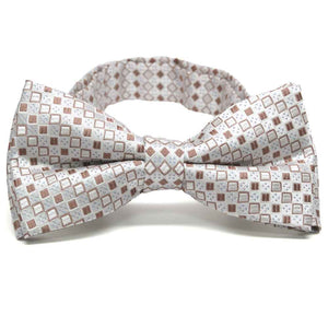 Off-white and tan square pattern bow tie, close up front view