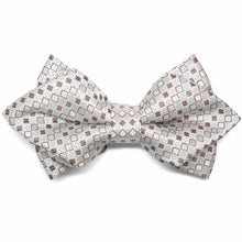 Load image into Gallery viewer, Off-white and tan square pattern diamond tip bow tie, close up front view