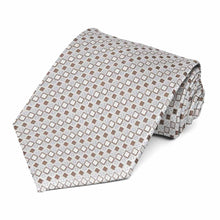 Load image into Gallery viewer, Off-white and tan square pattern extra long necktie, rolled to show pattern up close