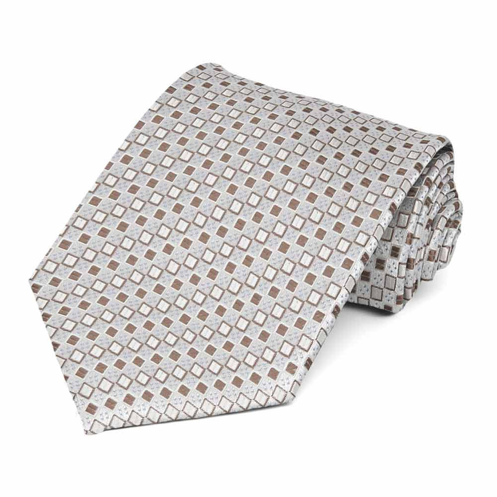 Off-white and tan square pattern extra long necktie, rolled to show pattern up close
