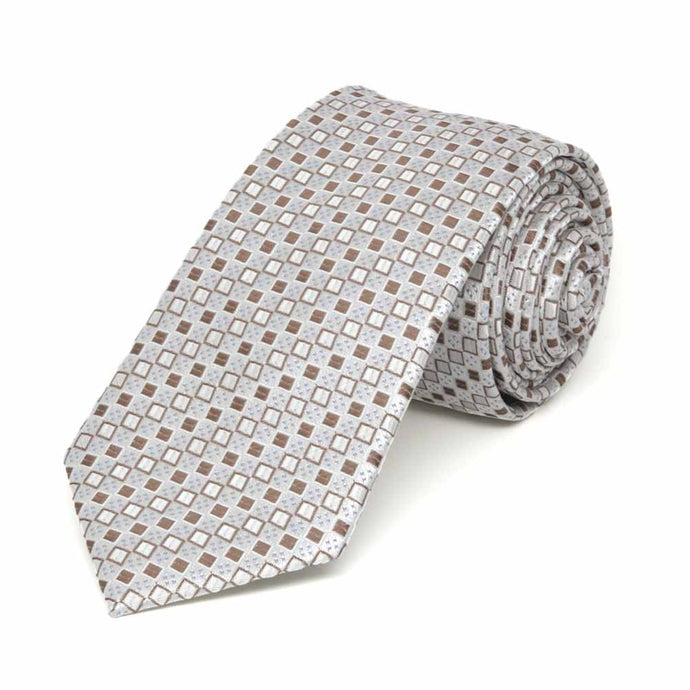 Rolled view of a slim off-white and tan square pattern necktie