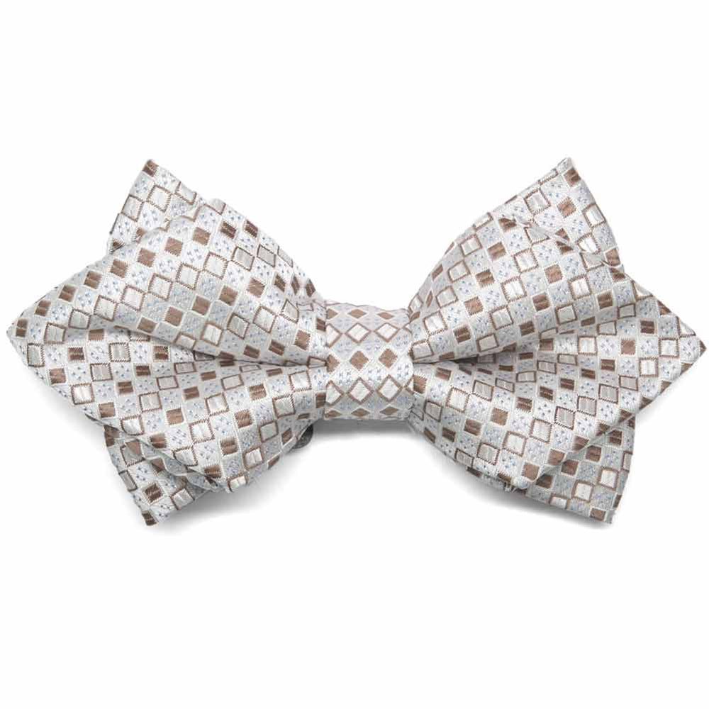 Off-white and tan square pattern diamond tip bow tie, close up front view