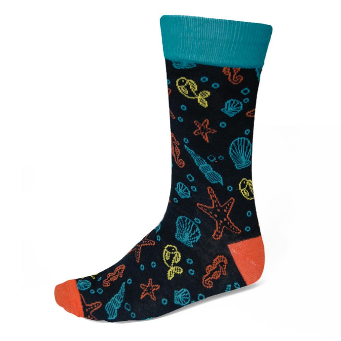 Men's colorful under the sea theme socks on black background