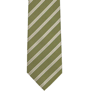 The front of a moss green pencil striped tie