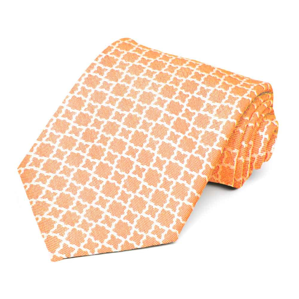 Orange and white trellis design extra long tie, rolled view