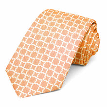 Load image into Gallery viewer, Rolled view of an orange and white trellis pattern tie