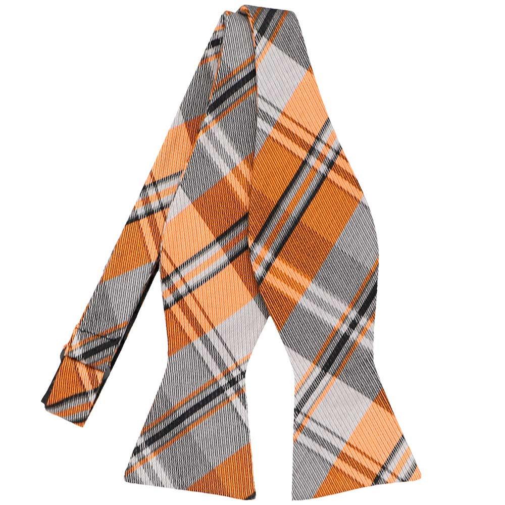 An untied orange and gray plaid self-tie bow tie