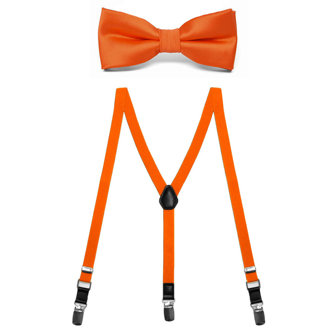 A boys' orange bow tie with matching orange suspenders