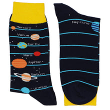 Load image into Gallery viewer, A pair of solar system socks, with planets on a black and yellow background