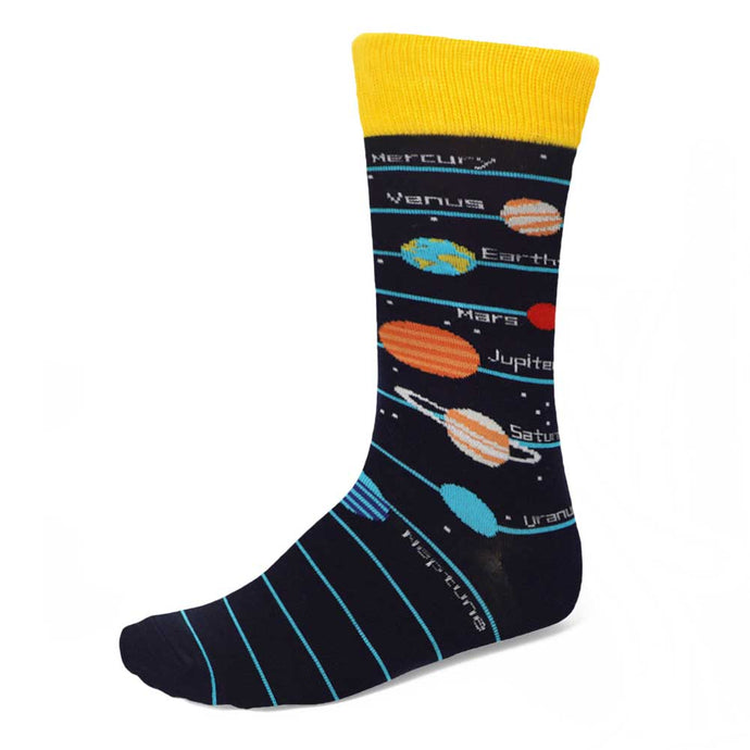 Dark navy socks with a striped pattern of all the planets in the solar system