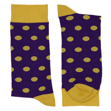 Load image into Gallery viewer, Pair of dark purple and gold polka dot socks