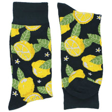Load image into Gallery viewer, A folded pair of lemon novelty socks in shades of yellow and green