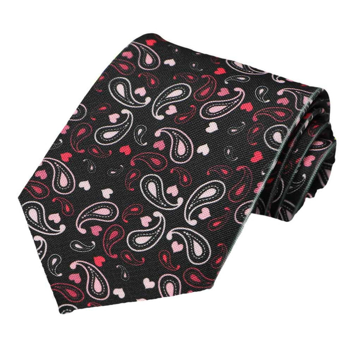 A black, pink and red paisley and heart pattern novelty tie