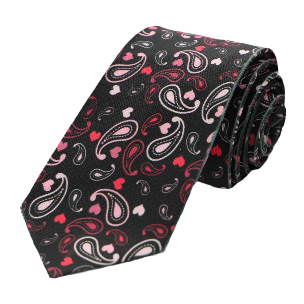 A black slim tie with a paisley heart pattern in red and pink